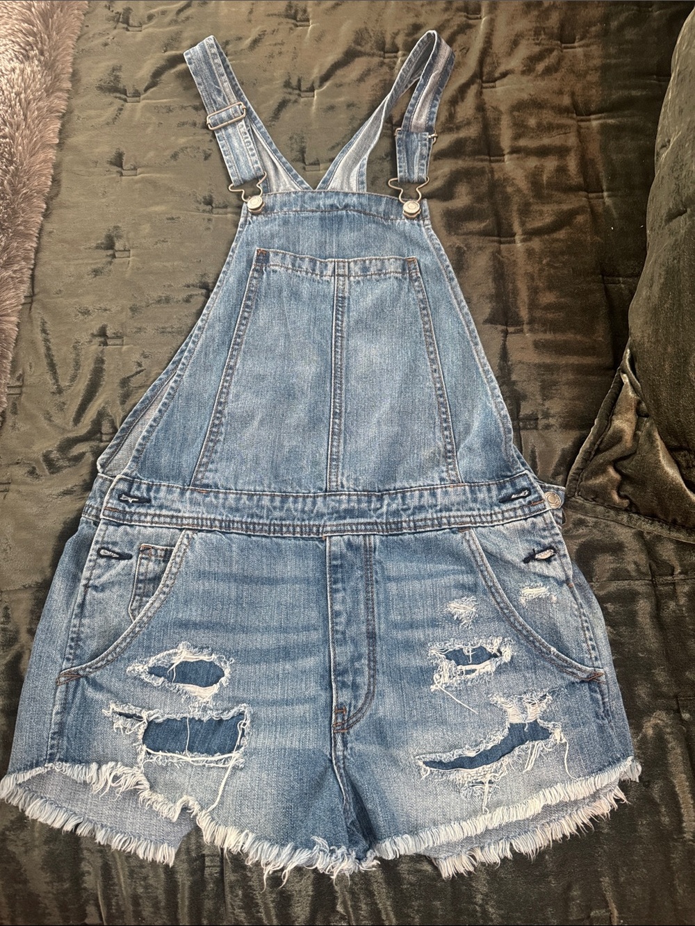 American EagleDenim Distressed Short Overalls - Blue